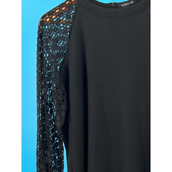MIHOLL Women's Black Ribbed Knit Top Long Lace Sleeve Back Zip Size XLarge - Picture 6 of 11